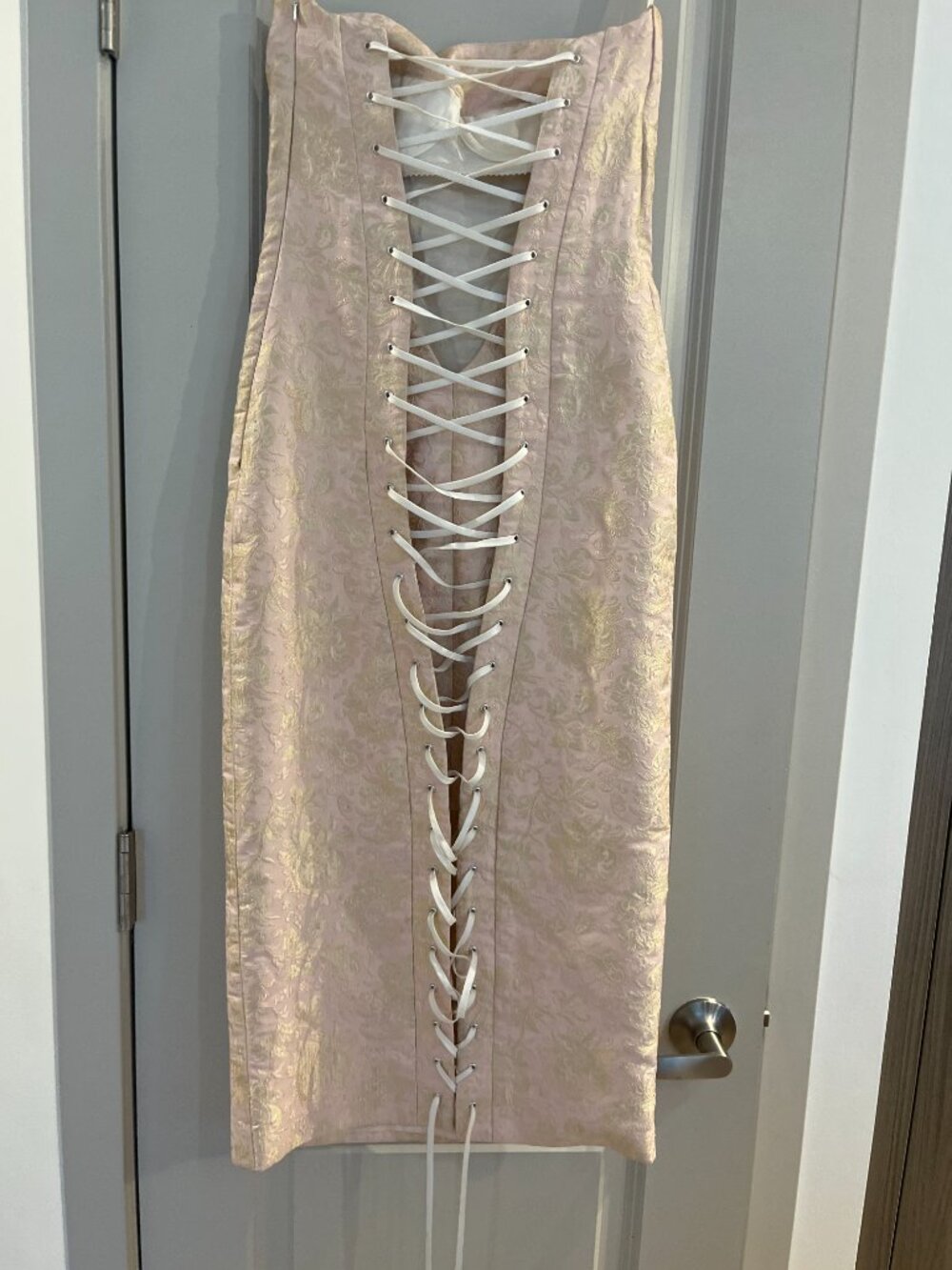 Justina McCaffrey Pink/Gold Brocade Corset Dress -  Lace Up Back - Silk Lined